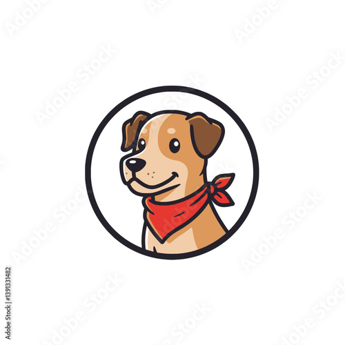 Smiling dog wearing a red bandana inside a black circle logo
