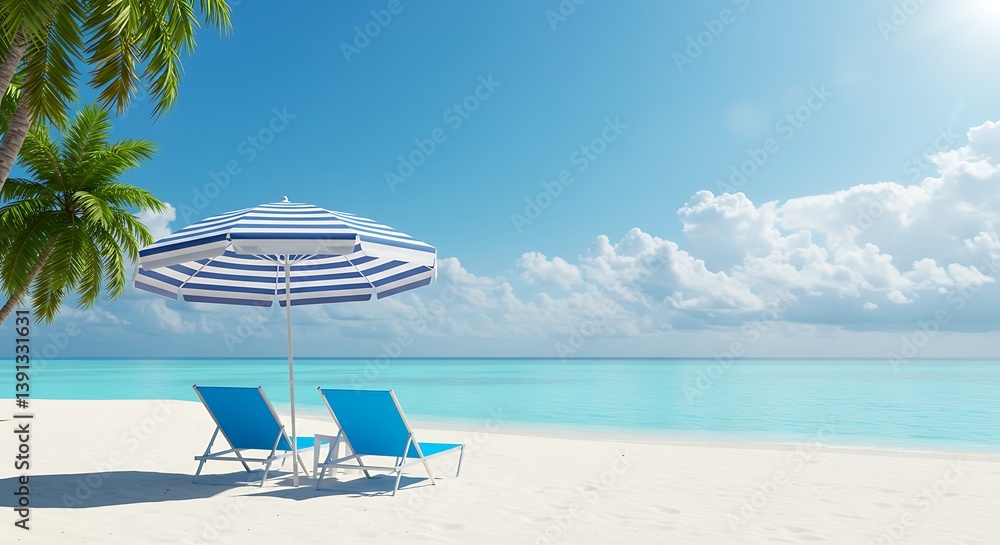 Obraz premium Beach chairs under striped umbrella