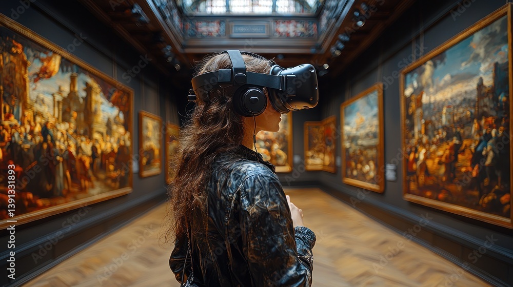 Woman exploring art museum with VR headset.