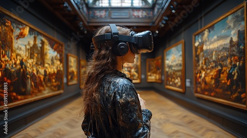 Obraz na płótnie Woman exploring art museum with VR headset. w salonie