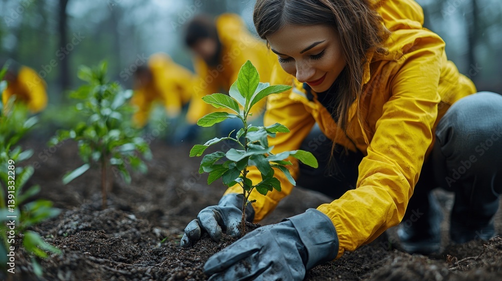 Woman planting a tree sapling in a forest with volunteers. (1)