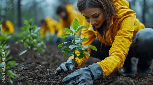 Obraz na płótnie Woman planting a tree sapling in a forest with volunteers. (1) w salonie