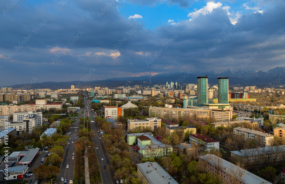 Fototapeta premium View from a quadcopter on the central part of the Kazakh city of Almaty in the early spring 