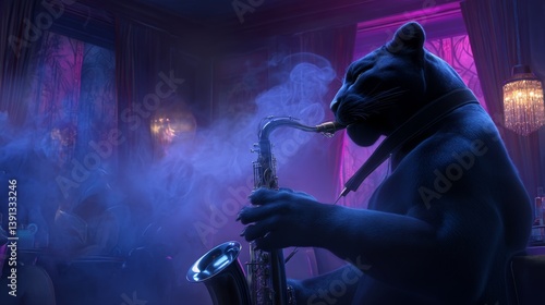 Mysterious Black Panther Playing Saxophone in Jazz Club Atmosphere