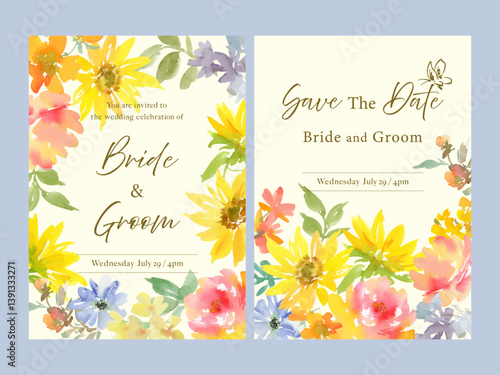 A set of summer wedding invitation templates wit abstract sunflowers and wildflowers painted in watercolor. Hand-drawn botanical card designs.