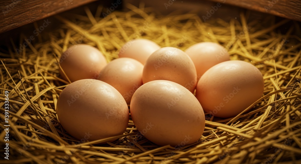 A cluster of fresh eggs in a straw nest.