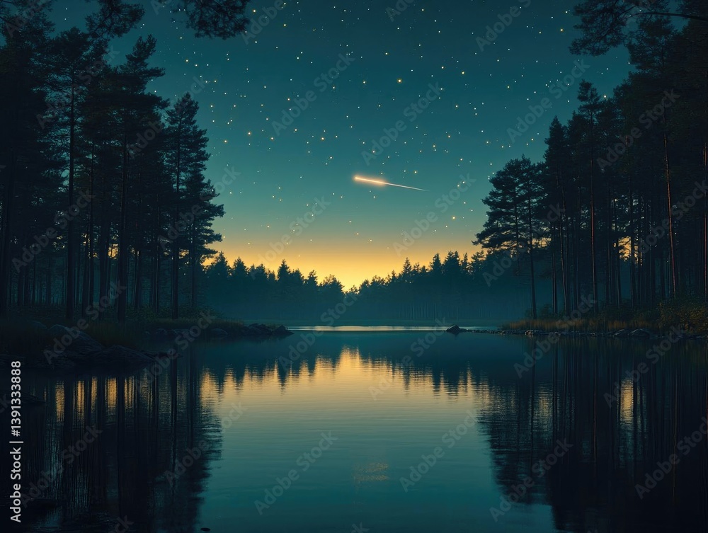 Fototapeta premium Night Sky, Shooting Star over Serene Lake, Forest Reflection, Tranquil Nature