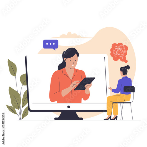 Online Mental Health Consultation Illustration. Teletherapy and Psychological Support. Illustrations for websites, landing pages, mobile apps, posters and banners