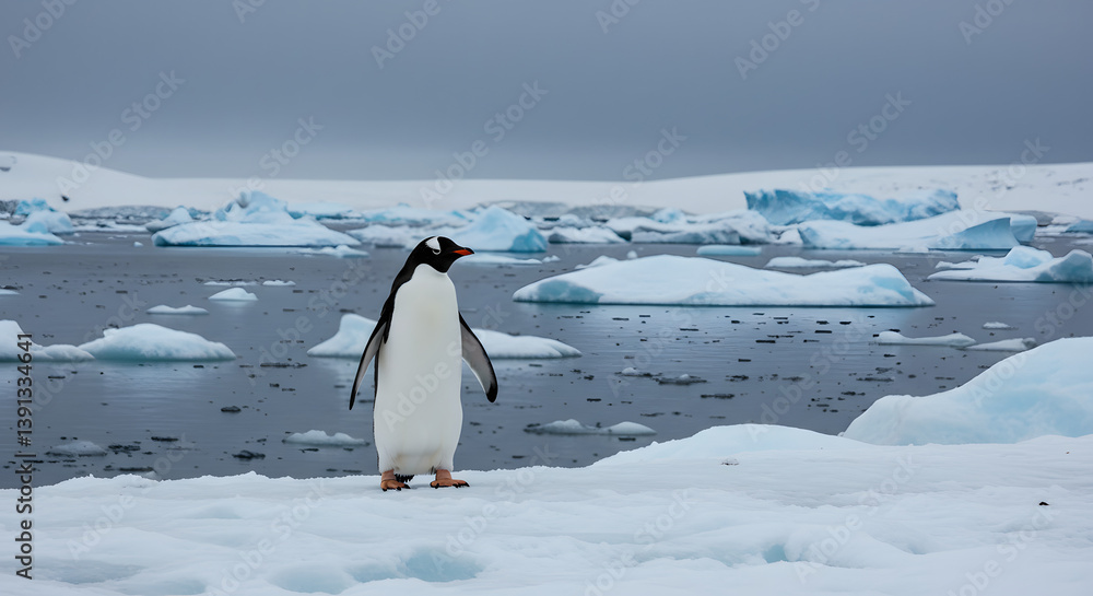Obraz premium Gentoo Penguin Standing on Antarctic Ice with Floating Icebergs