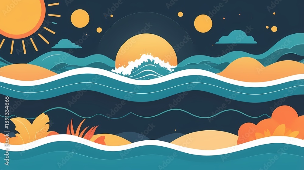 Sun and wave icon, tropical feel, minimalist vector Sun and wave icon, tropical feel, minimalist vector
