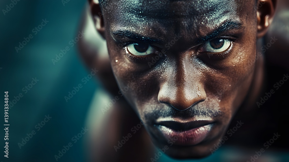 Intense close-up portrait of a determined athlete, sweat glistening on his skin, focused eyes staring intently, exuding power and resilience. Intense close-up portrait of a determined athlete, sweat glistening on his skin, focused eyes staring intently, exuding power and resilience.