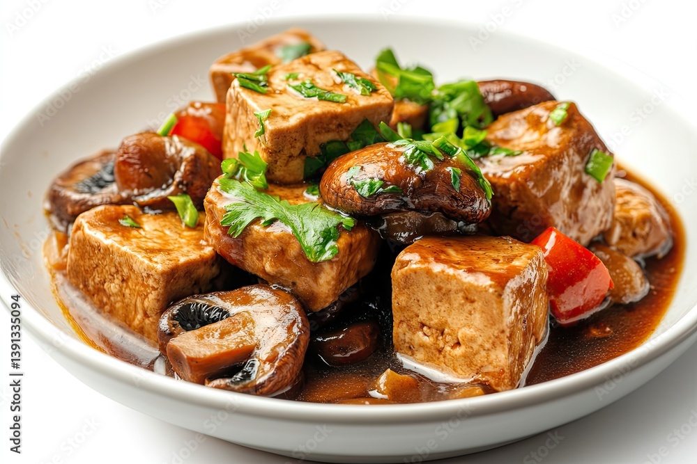 A realistic photo of Braised Tofu with Mushrooms, hyper-realistic, isolated on white A realistic photo of Braised Tofu with Mushrooms, hyper-realistic, isolated on white