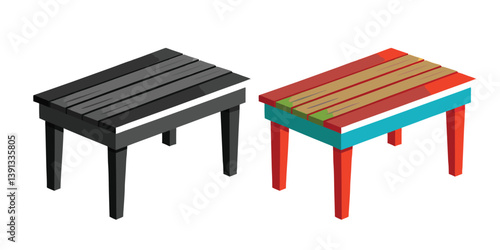 Reclaimed Two brown wooden Table and a third empty wooden seat, isolated objects for outdoor relax furniture