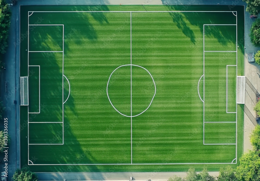 Aerial View of Green Soccer Field with White Lines and Goals Aerial View of Green Soccer Field with White Lines and Goals