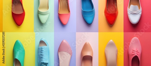 Stylish Women's Flat Shoes Arranged on Colorful Backgrounds Overhead Shot