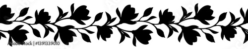 Horizontal seamless border with magnolia flowers. Vector black and white floral vignette