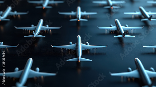 Aerial view of multiple airplanes on dark surface, showcasing fleet management in cargo logistics. scene is illuminated with soft glow