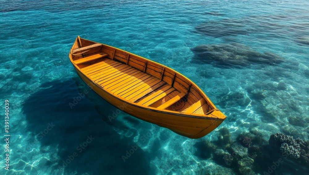 Naklejka premium Wooden boat floats peacefully in crystal-clear turquoise water over coral reefs