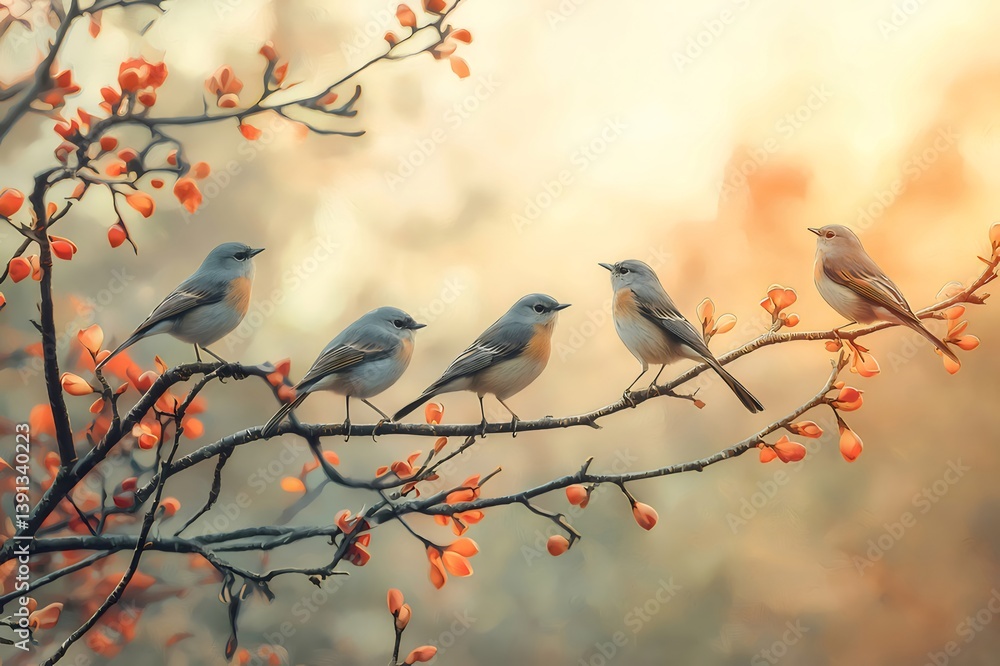 Six Small Birds Perched on a Branch with Reddish Flowers and Soft Light and Warm Background Six Small Birds Perched on a Branch with Reddish Flowers and Soft Light and Warm Background