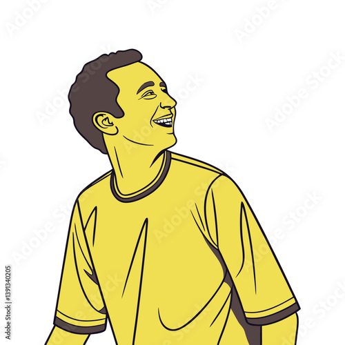 Cartoon illustration of a man wearing a yellow t-shirt with a silhouette design, showcasing fashion and clothing