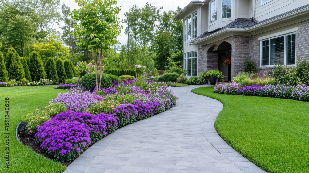 Obraz premium Stunning House with Garden Pathway: A picturesque view of a beautifully landscaped home with a winding garden pathway that invites exploration.