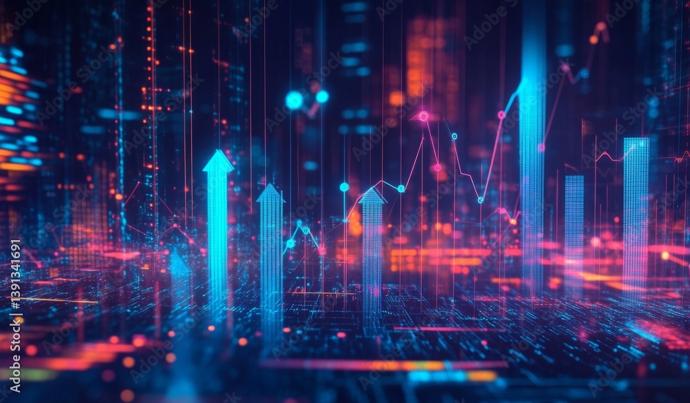 Digital cityscape with rising graphs. Data visualization of growth Digital cityscape with rising graphs. Data visualization of growth