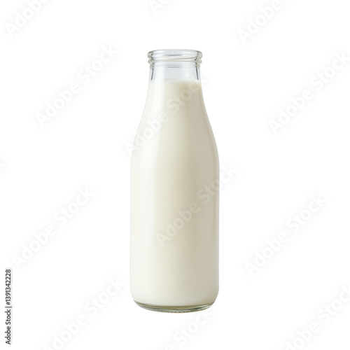Glass bottle of fresh milk on a white background.
