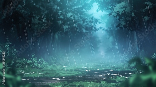 Wallpaper Mural Lush green forest under a gentle rain shower with raindrops creating a magical atmosphere among the trees and foliage Torontodigital.ca