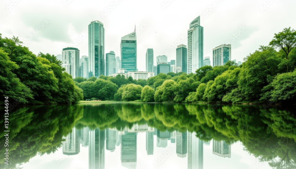 Fototapeta premium Double exposure effect of a lush green forest merged with modern city skyscrapers, visualizing the concept of a green city.