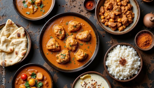 Top view of assorted Indian food in bowls on a rustic table, including chicken tikka masala, naan, rice, and spices.