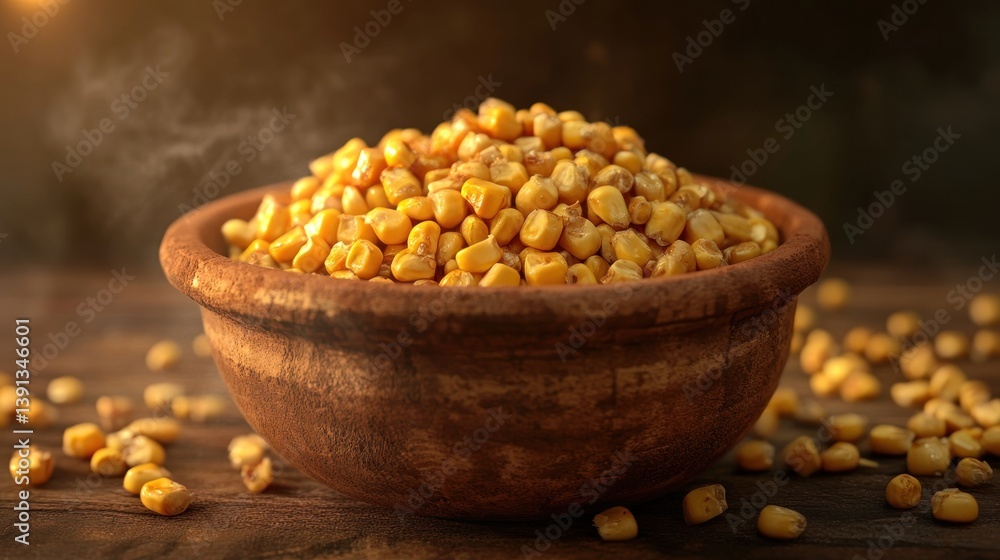 Steaming corn kernels in rustic bowl on wood Steaming corn kernels in rustic bowl on wood
