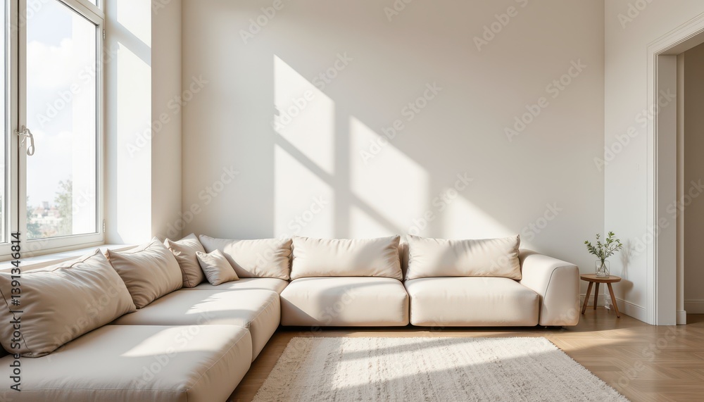 Fototapeta premium Minimal clean modern living room interior with a beige sofa, large window, soft daylight, and tidy cozy atmosphere.