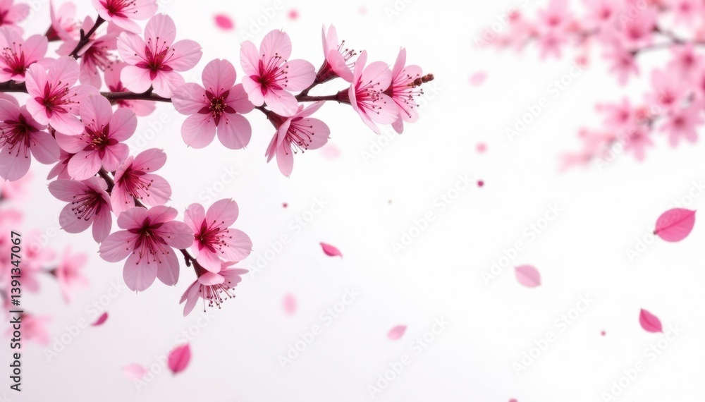 Fototapeta premium Vibrant sakura branches, scattered petals, white background , petals, scattered