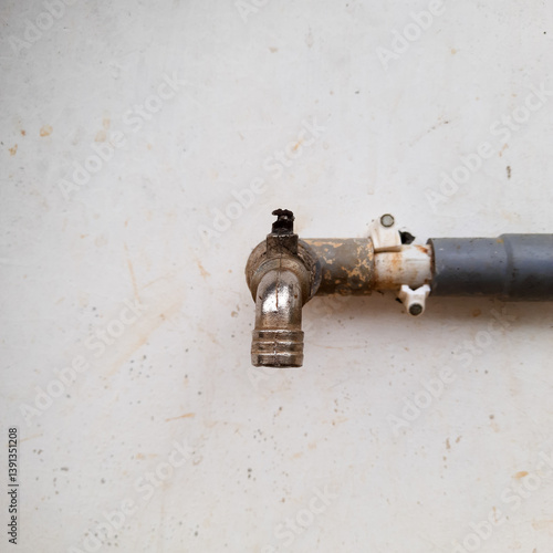 An old water faucet with a worn surface and slight damage bearing the marks of long-term use and outdoor elements