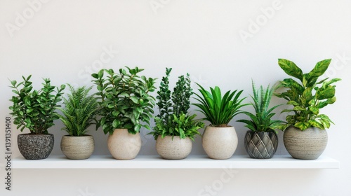 Indoor plants shelf, green foliage, white wall, minimalist home decor, website banner