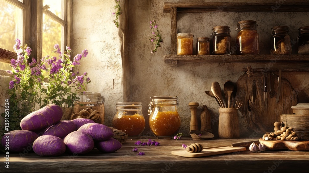Fototapeta premium Rustic kitchen, purple potatoes, honey jars, autumn harvest, sunlit window, food photography