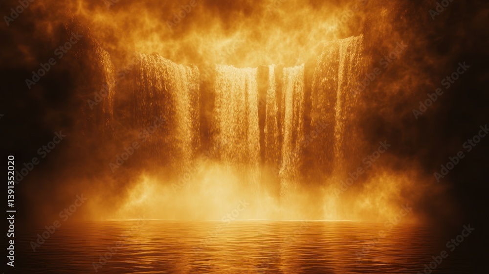 Obraz premium A dramatic waterfall scene illuminated in fiery hues, creating a surreal and mystical atmosphere.