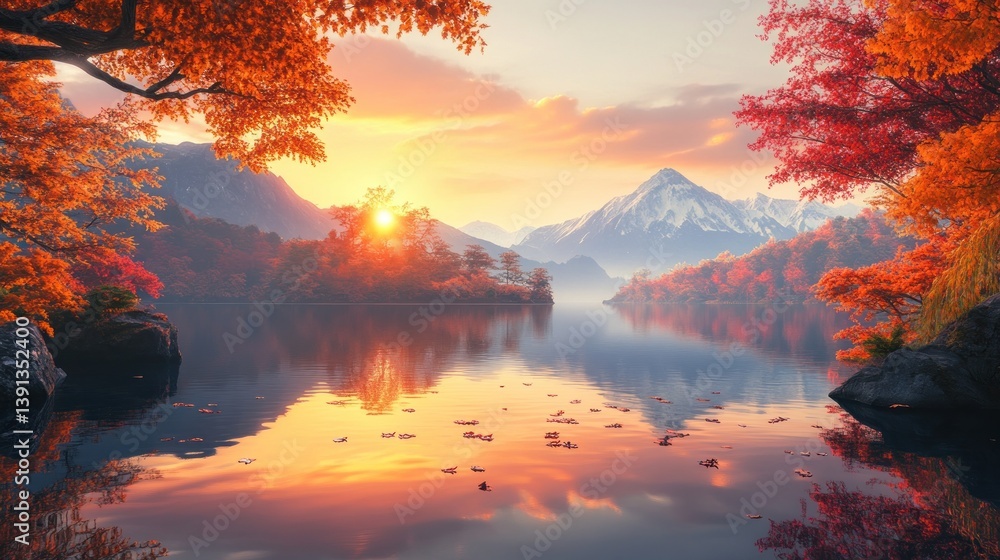 Naklejka premium Autumn sunrise lake, mountain reflection, foliage