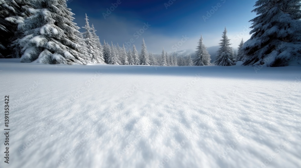 Snowy mountain landscape with frosted evergreen trees. A vast expanse of pristine snow blankets the ground, illuminated by sunlight, creating beautiful shadows. Tall, Snowy mountain landscape with frosted evergreen trees. A vast expanse of pristine snow blankets the ground, illuminated by sunlight, creating beautiful shadows. Tall,