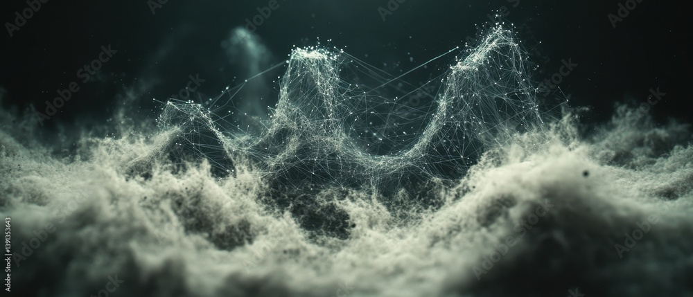 Ethereal network connecting distant points over a misty landscape creating a futuristic and technological atmosphere with a dark background and a low angle Ethereal network connecting distant points over a misty landscape creating a futuristic and technological atmosphere with a dark background and a low angle