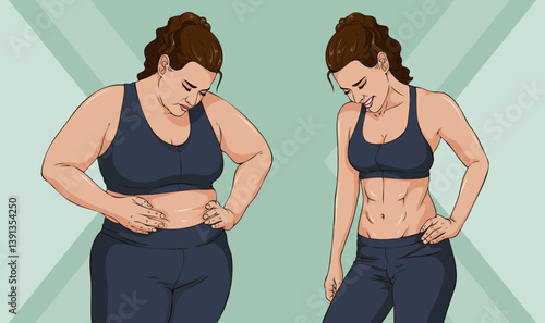 Hand painted style black sportswear before and after female workout body comparison