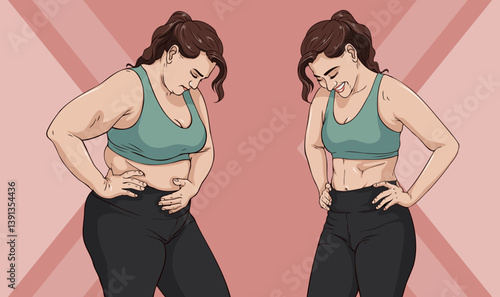 Hand painted style of green vest women before and after fitness body comparison