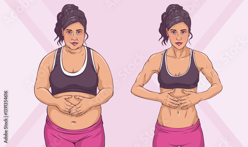 Hand painted style of pink pants women before and after fitness body comparison