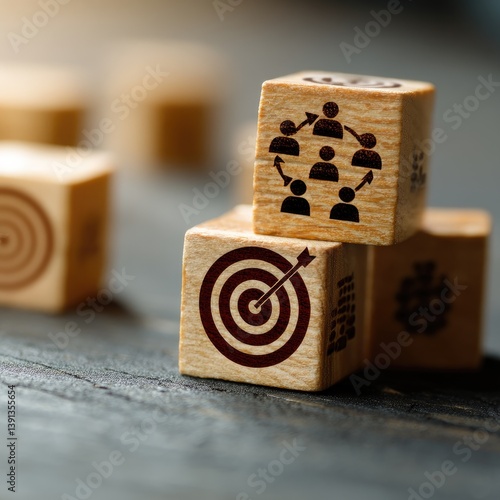Wallpaper Mural Wooden blocks with team and target icons, representing teamwork and goal achievement.  Focuses on collaborative strategy for reaching objectives Torontodigital.ca