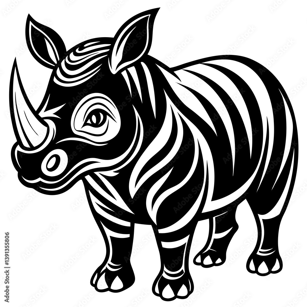 Fototapeta premium Rhino Cute Cartoon Vector: Black and White Animal Illustration Set