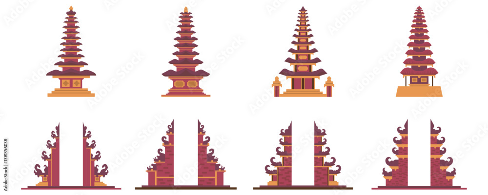 Fototapeta premium Traditional Balinese Temple Illustration Set