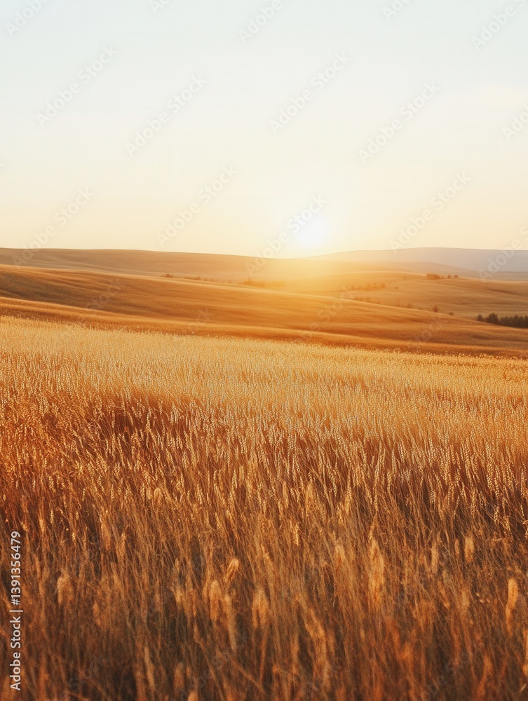Obraz premium Golden wheat field at sunset with rolling hills under a warm sky creating a peaceful rural landscape with natural beauty