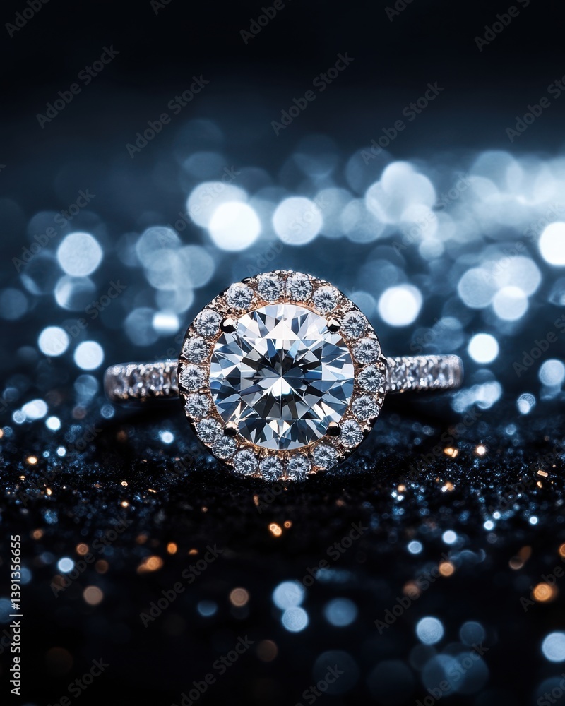 Fototapeta premium Exquisite Diamond Ring on a Sparkling Background Showcasing Luxury and Elegance in a Close Up Shot