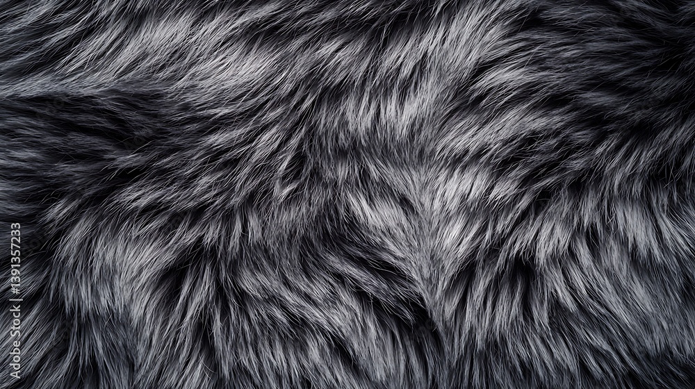 Naklejka premium A close-up view of a soft, luxurious black fur texture, showcasing its smooth, flowing strands and intricate patterns.