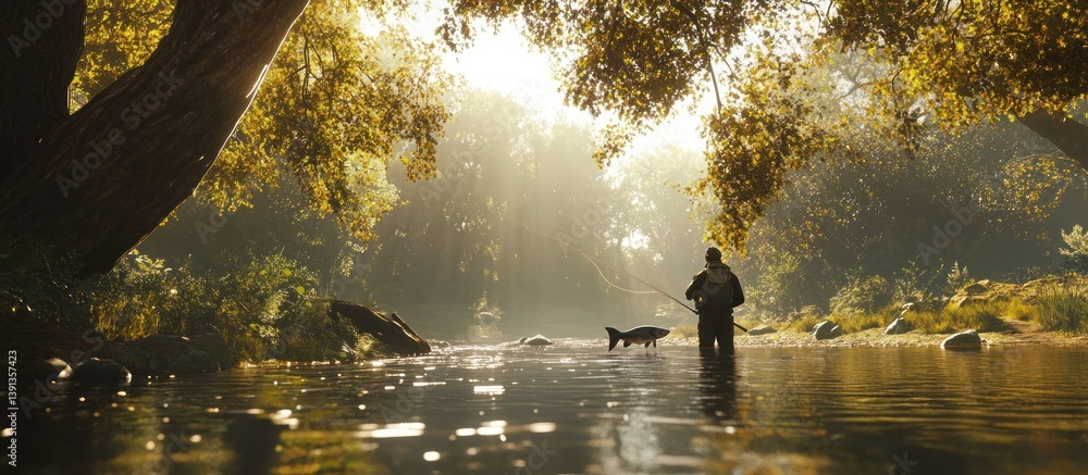 Fototapeta premium Fisherman in autumn river, sunrise, catching fish